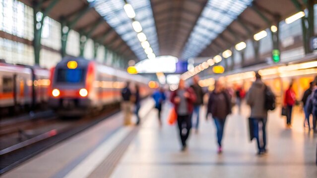 Busy train station with people walking and train departing