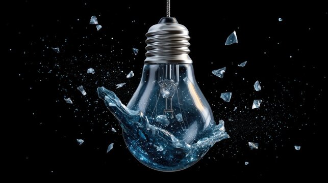 A light bulb shatters mid-air, with water splashing inside and glass fragments flying outward against a black background.