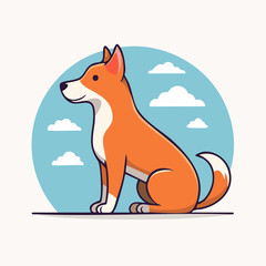 Fototapeta premium Cute cartoon dog sitting with clouds in the background