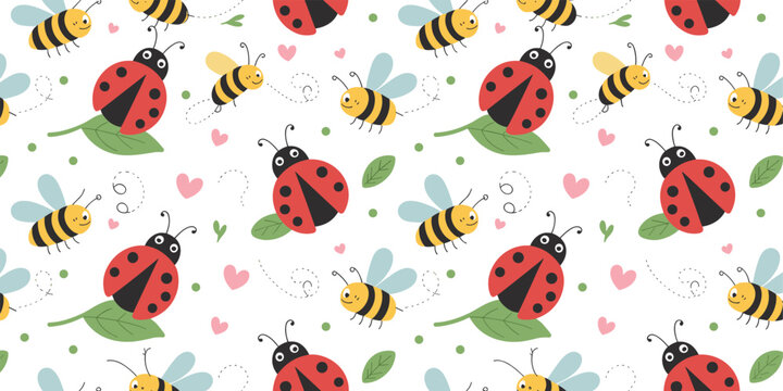 Seamless pattern with cute cartoon bees ladybugs hearts and green leaves for baby nursery textile and spring wallpaper design