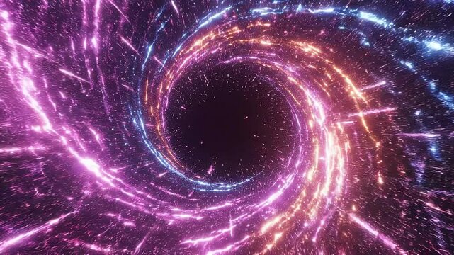 Surreal cosmic vortex of glowing particles in a swirling tunnel of light, a journey through the unknown depths of space
