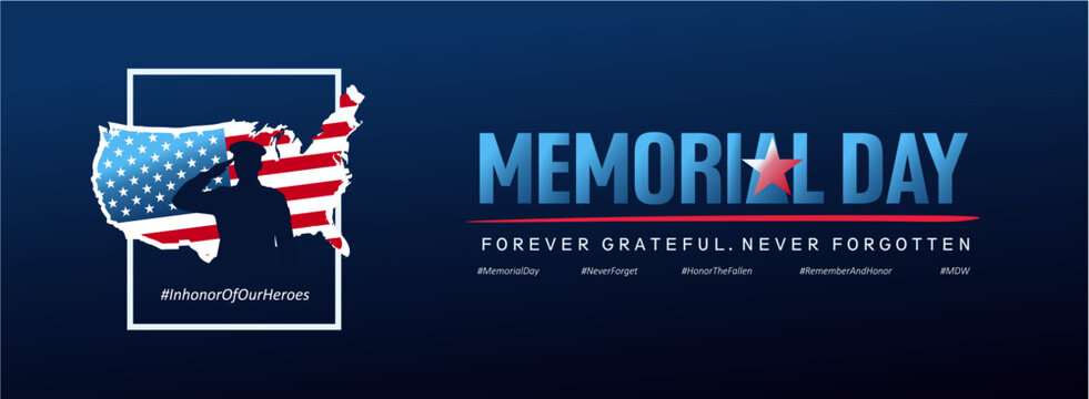 Patriotic Memorial Day 2026 banner featuring an American map silhouette and soldier tribute concept. Designed for social media, campaigns and honoring service and sacrifice.