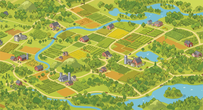Isometric rural farmland landscape with red barns and green fields, aerial view of agricultural countryside map, vector illustration of farm village
