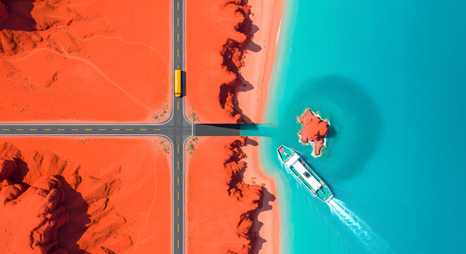 Surreal aerial view of desert road intersection meeting turquoise ocean