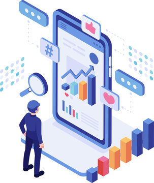 Isometric Social Media Analytics Dashboard with Data and Trend Monitoring