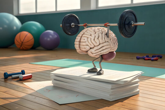 A creative depiction of a brain lifting weights in a gym setting.