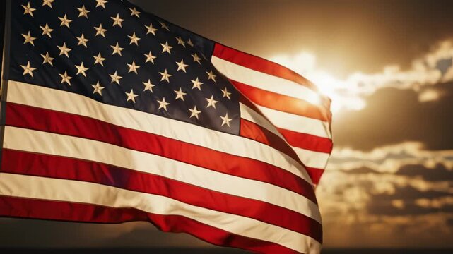 American flag waving in sunset sky emphasizing natural beauty and pristine environments