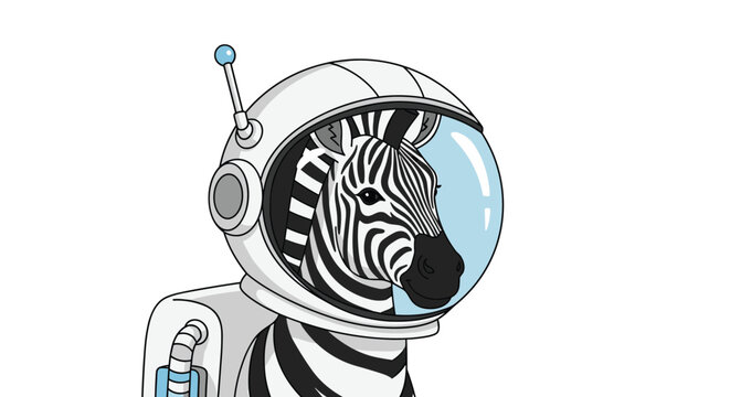 Creative illustration of a zebra wearing a white astronaut space helmet with a blue visor against a white background for unique designs.