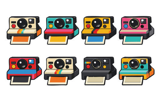 Set of colorful retro instant camera icons in flat vector style