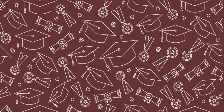 Graduation theme pattern background. Seamless graduation attributes doodle pattern. Graduation supplies icon. Set of graduation attributes icon.
