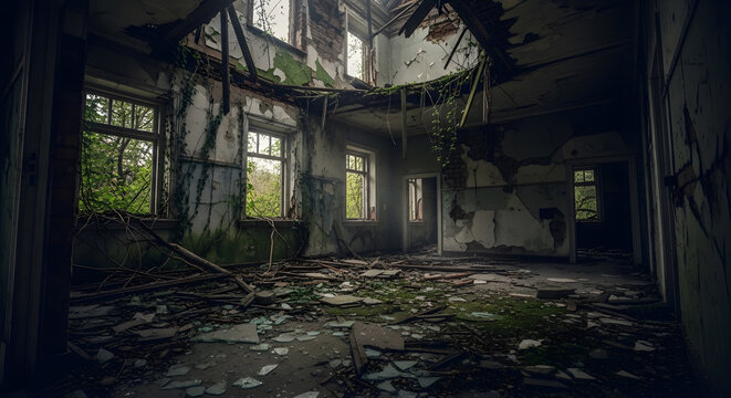 The interior of an old abandoned building with debris on the floor and crumbling walls
