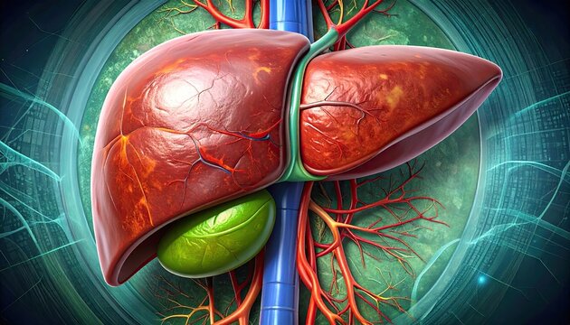 Medical illustration of human liver and gallbladder anatomy health concept