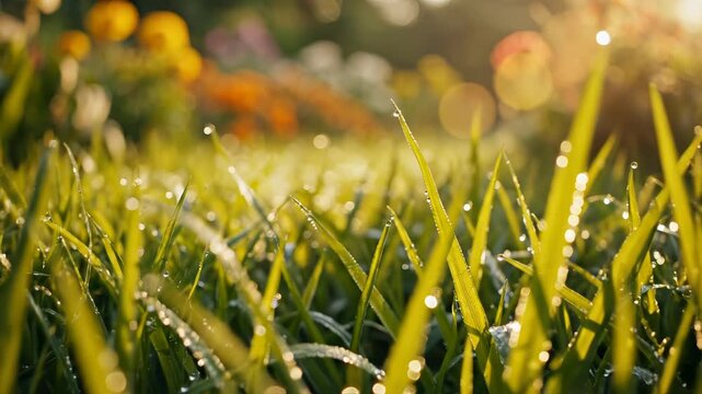 Morning dew on vibrant green grass ideal for travel vlogs and eco-friendly campaigns