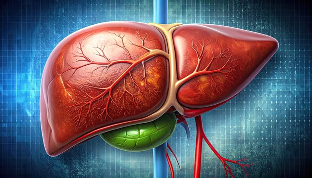 Medical illustration of human liver and gallbladder on blue background