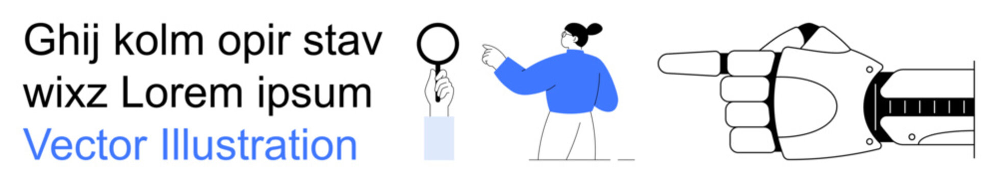 Artificial intelligence, robotics, human-technology relationship, innovation, machine learning, research. A robotic hand and a person with a magnifying glass. Robotics and human-technology