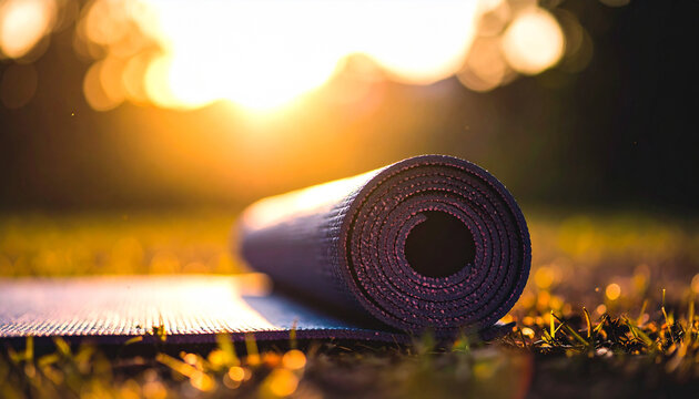 Rolled yoga mat on grass in golden hour sunlight with bokeh yoga mat, rolled up