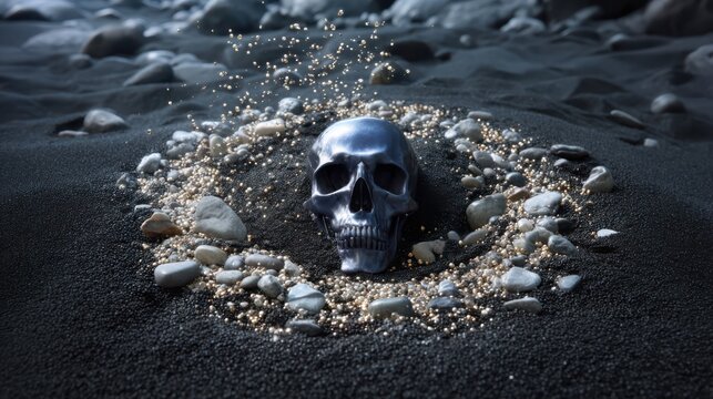 A metallic skull rests on dark sand surrounded by scattered pebbles, with sand particles mid-air creating a dramatic, eerie atmosphere.