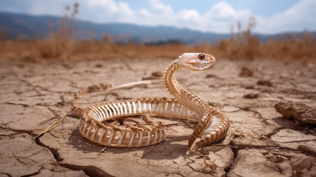 A coiled snake skeleton lies on cracked dry earth with blurred mountains and sky in the background.