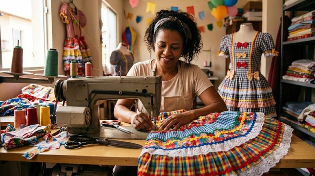 Smiling seamstress sewing a colorful traditional Festa Junina dress on her machine in a workshop