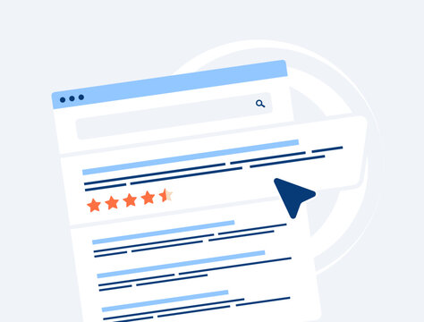 Review snippet with rich snippets and AI overview in search interface. Analyze reviews and rating for search ranking and reputation growth in Sge SEO results vector illustration