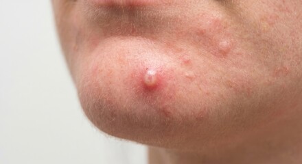 Fototapeta premium Cystic acne pimple on human chin with skin inflammation