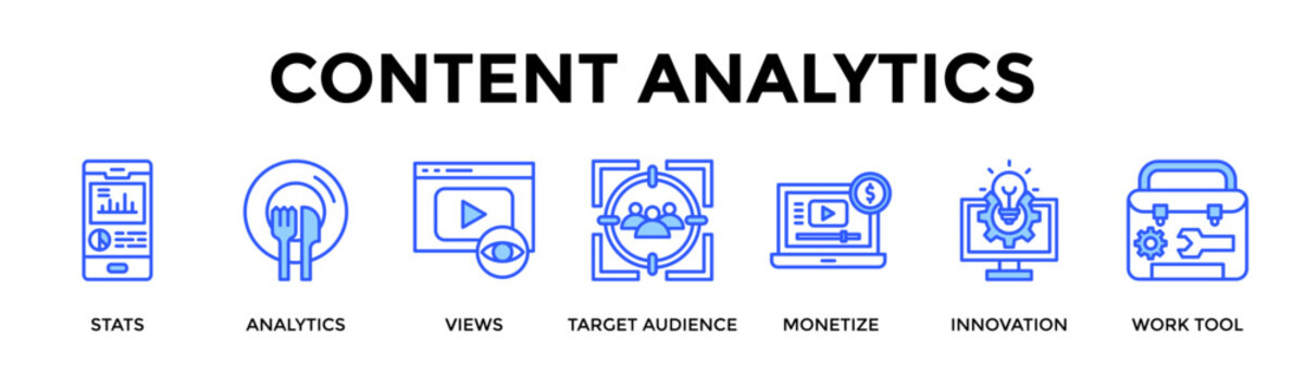 Content Analytics  Banner Web  Icon Set Collection Pack Vector Illustration Concept Containing Stats, Analytics, Views, Target Audience, Monetize, Innovation, Work Tool