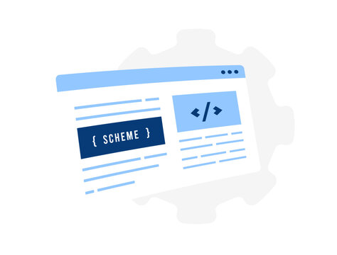 Schema markup with structured data and SEO optimization in website interface. Implement schema code and improve search visibility for better ranking and rich results display vector illustration