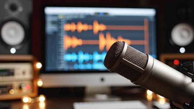 Microphone in recording studio setup perfect for IT presentations and tech marketing
