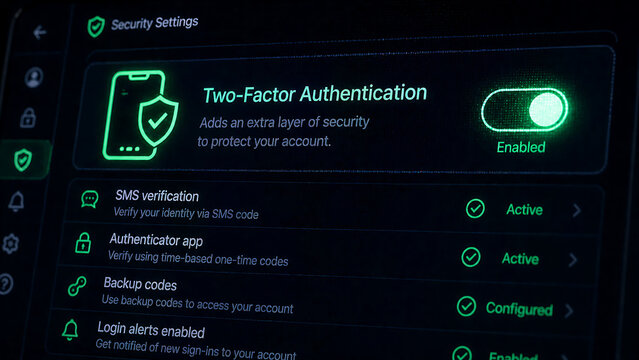 two factor authentication security settings screen on digital device showing enabled sms verification and authenticator app setup for secure account protection