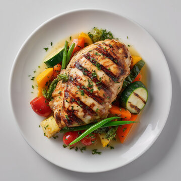 Grilled chicken over traditional mixed vegetables top down view on a white dinner plate