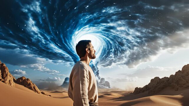 Man in desert with swirling sky symbolizing tranquility, harmony, and natural balance
