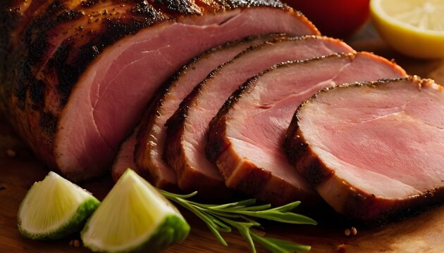 sliced cajun blackened ham on a wooden board
