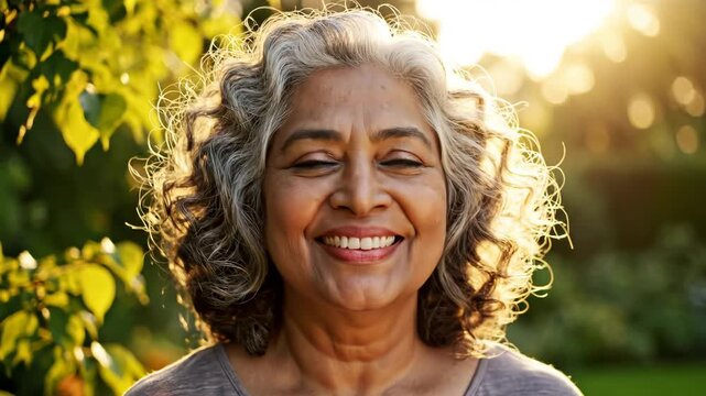Smiling older woman in garden symbolizing conceptual art and dynamic energy