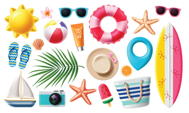 Summer 3d elements clipart set. Beach Summer elements colorful clip art collection like floaters, surfboard, sun, beachball, sea shells, hat and tote bag travel objects in white background