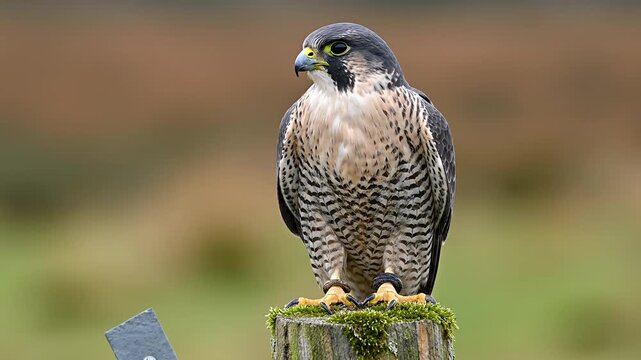 Peregrine falcon perched on a mossy wooden post outdoors