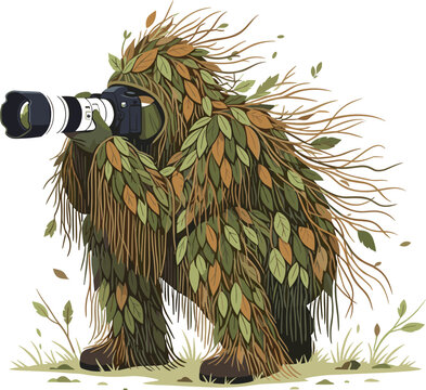 Camouflage photographer vector illustration with ghillie suit