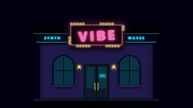 Retro Style Storefront Animation with Pink Neon Vibe Sign and Glowing Blue Lights at Night