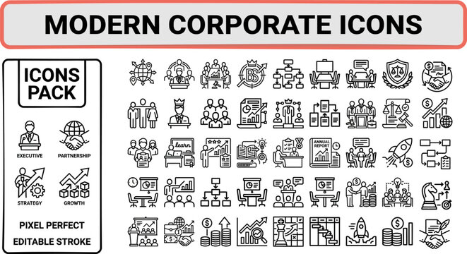 Modern Corporate and Business outline icon set. Featuring office, meeting, executive, strategy, and growth symbols. Editable stroke vector icons for contemporary company and B2B presentation.