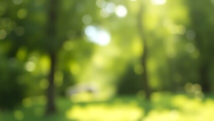 Obraz premium Soft focus view of vibrant green leaves and sun-drenched grass in a peaceful park setting, creating a tranquil and ethereal natural bokeh background with gentle light