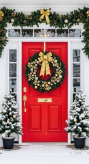 Fototapeta premium Festive Red Front Door with Christmas Wreath and SnowCovered Evergreens 1.