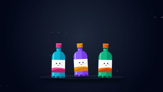 Kawaii Style Cartoon Plastic Water Bottles with Happy Faces on Dark Background for Recycling and Environment Education