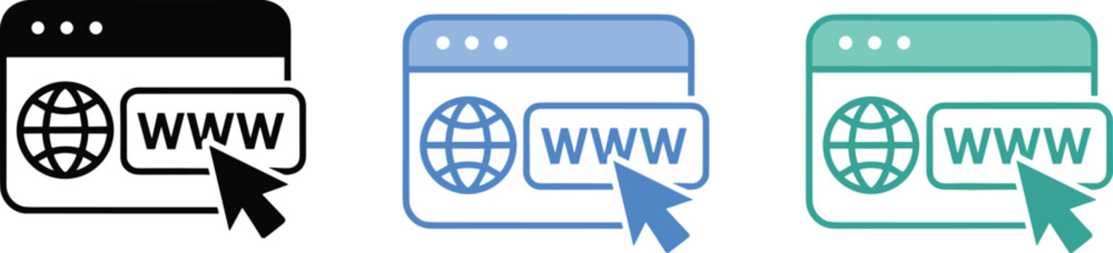 Global internet search bar icons with globe symbols and cursor arrows for website development world wide web concepts