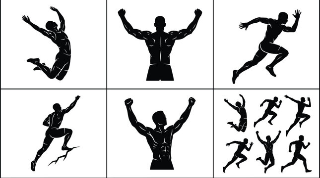 Athletic human silhouettes, running, jumping, flexing muscles, sports poses, dynamic movement, strength, fitness vector illustration, design icons collection