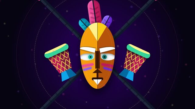Colorful African Style Tribal Mask with Feathers and Traditional Drums Illustration for Cultural Heritage and Music Themes