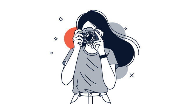 Creative young woman holding a professional camera to her face while taking a photograph, illustrated in a modern minimalist and flat design style.