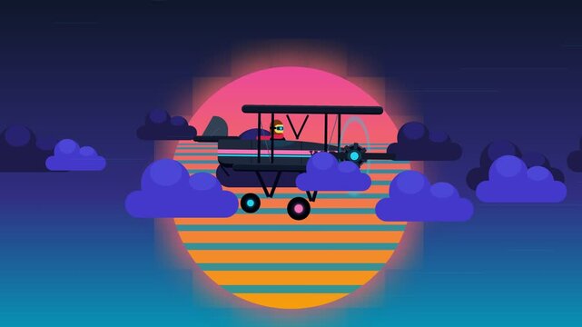 Retro 80s Style Synthwave Biplane Flying Through Clouds Against Giant Sunset Sun