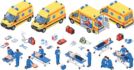 Ambulance Emergency Service Isometric Set, Collection of Paramedics, Medical Equipment and Patient Care Scenes Vector Illustration © Minara