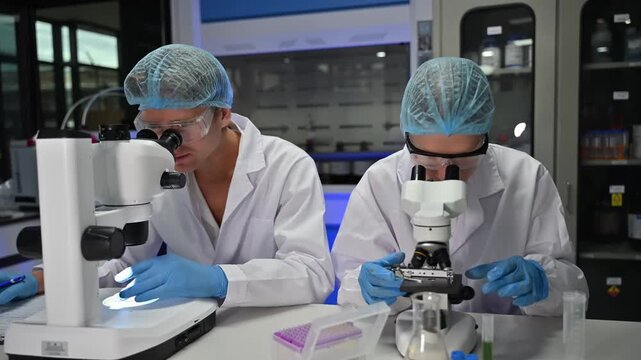 Professional male and female scientists wearing hairnets and safety glasses examining samples under microscopes in modern laboratory
