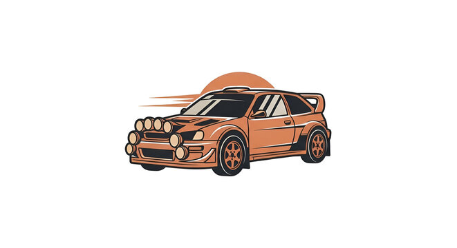 Illustration of a vintage orange rally car with extra lights and spoiler set against a sunset