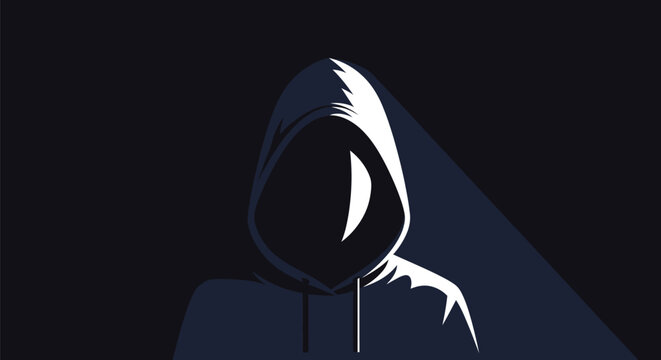 Anonymous hooded figure with obscured face casting long shadow representing mystery secrecy and digital threat
